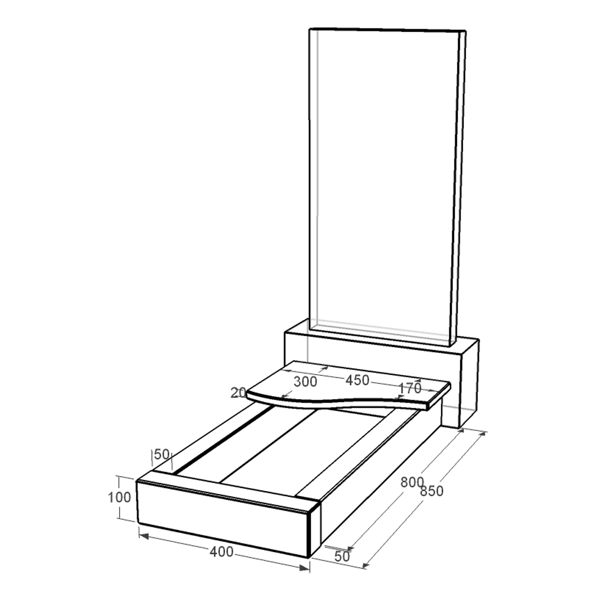 Размеры Цветник надгробный производство Украина 850x400x100 из гранита серия Базис с полированными фасками Коростышевского карьера cv-kor-pf-850-400-3-volna-1-np