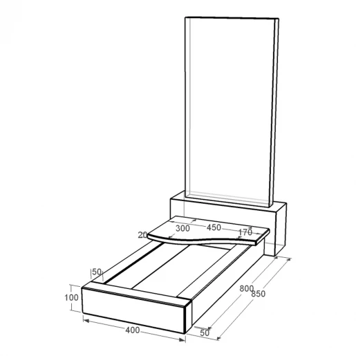 Розміри Квітник надгробний виробництво Україна 850x400x100 з граніту серія Базіс з полірованими фасками Коростишівського кар'єру cv-kor-pf-850-400-3-volna-1-np
