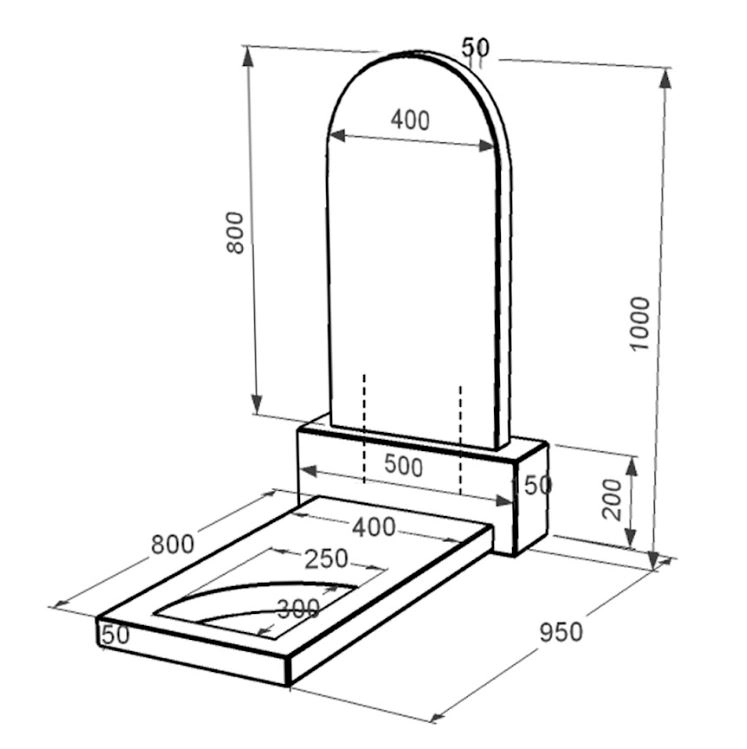 Розміри Гранітний пам'ятник напівкруглий одинарний із чорного граніту Коростишів з вирізаним куточком к9-kor-npf-80-40-05-006