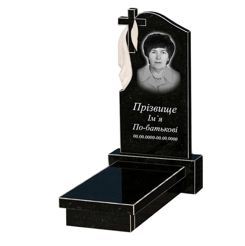 Основне Гранітний пам'ятник з плащаницею різьблений одинарний із чорного граніту Коростишів з хрестом різьблений к10-kor-npf-80-40-05-142