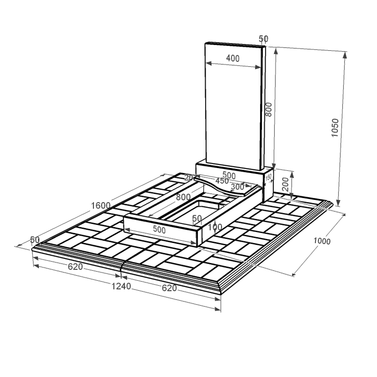 Розміри Гранітний пам'ятник з плитою на квітнику одинарний із чорного граніту Коростишів з хвилею різьблений к5-kor-npf-80-40-05-001-l-pbd1