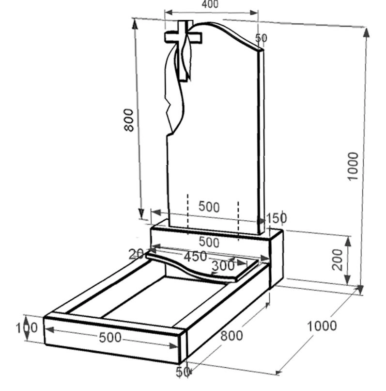 Размеры Гранитный памятник 100 см высотой одинарный из черного гранита Коростышев с волной резной к5-kor-npf-80-40-05-142-l