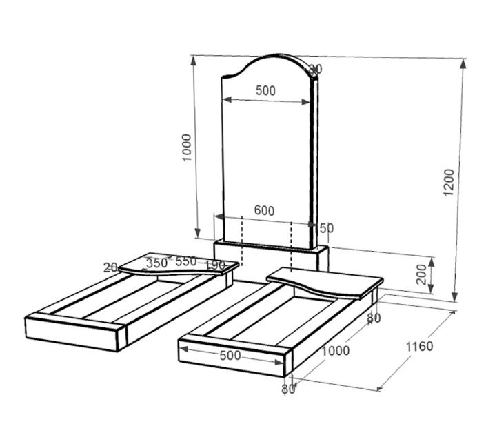 Розміри Гранітний камінь на могилу для подружжя подвійний із чорного граніту Коростишів з хвилею різьблений к15-kor-npf-100-50-08-011-r