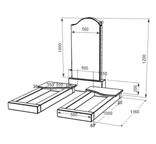 Размеры Гранитный камень на могилу для супругов двойной из черного гранита Коростышев с волной резной к15-kor-npf-100-50-08-011-r