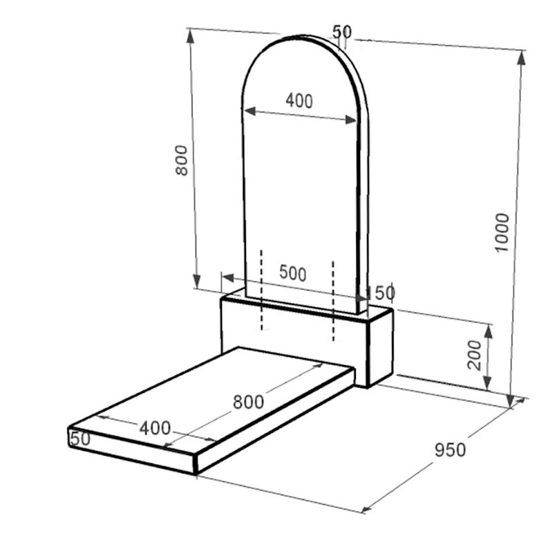 Розміри Гранітний пам'ятник напівкруглої форми одинарний із чорного граніту Коростишів з полукруглою стелою к7-kor-npf-80-40-05-006