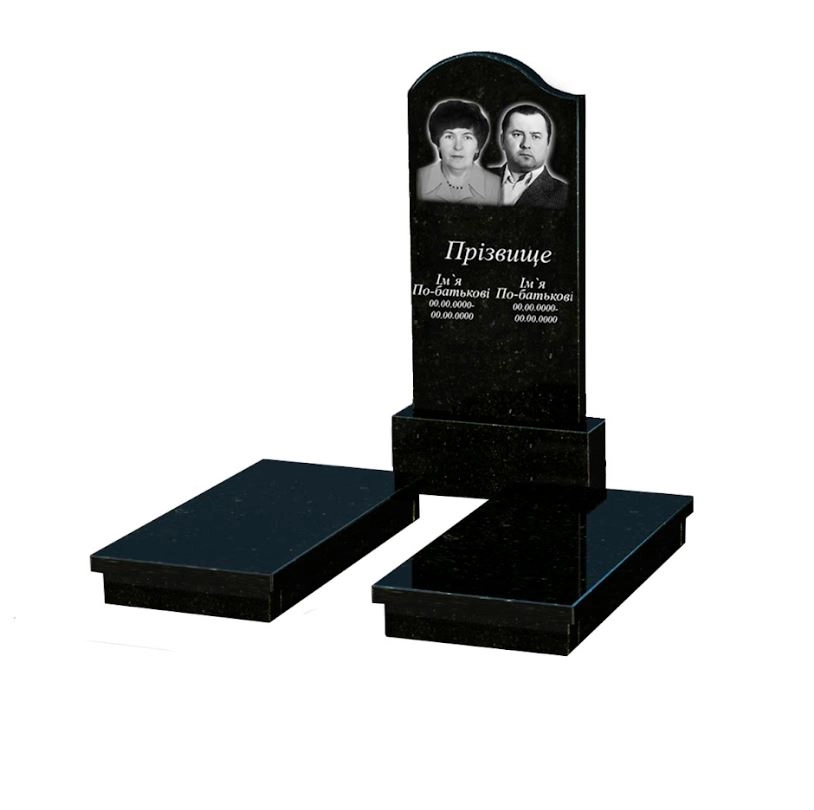 Основне Гранітний пам'ятник з гробницею подвійний із чорного граніту Коростишів з хвилею різьблений к19-kor-pf-120-60-08-011-l