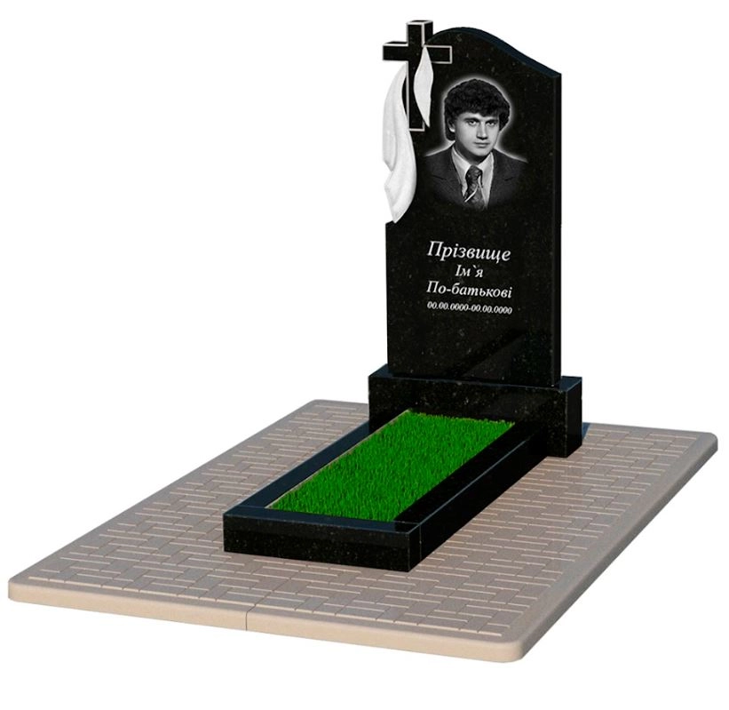 Основное Гранитный памятник с крестом резной одинарный из черного гранита Коростышев с плащаницей резной к1-kor-pf-100-50-08-142-pbd2