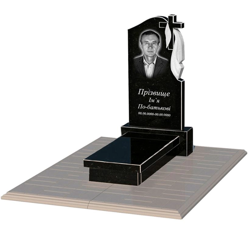 Основне Гранітний пам'ятник для мужчини одинарний із чорного граніту Коростишів з хрестом та плащаницею різьблений к10-kor-npf-80-40-05-142-r-pbd1