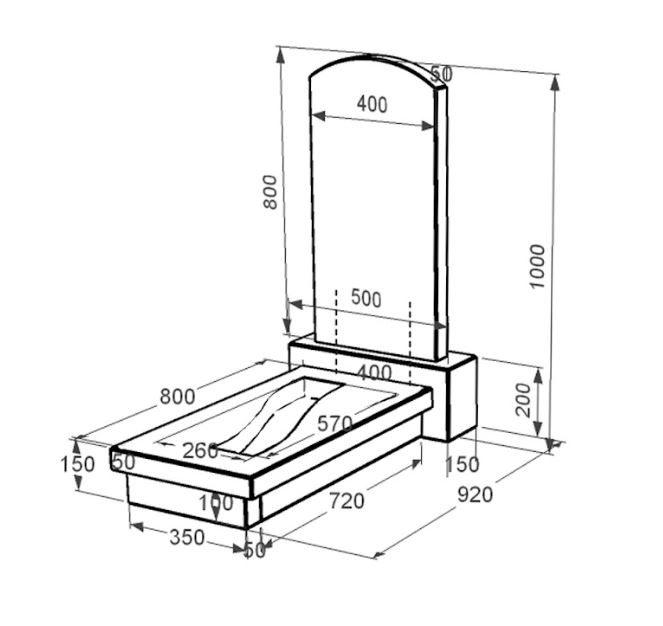 Размеры Памятник из гранита дугообразный одинарный из черного гранита Коростышев с вырезанной полосой к23-kor-npf-80-40-08-009