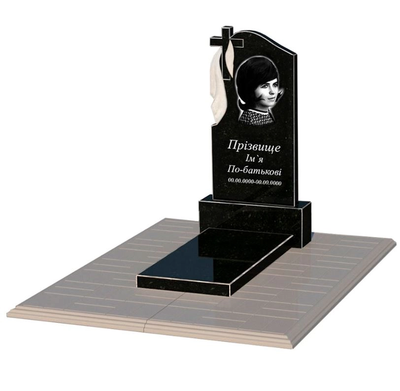 Основне Гранітний пам'ятник з хрестом різьблений одинарний із чорного граніту Коростишів з плащаницею різьблений к7-kor-npf-80-40-05-142-pbd1