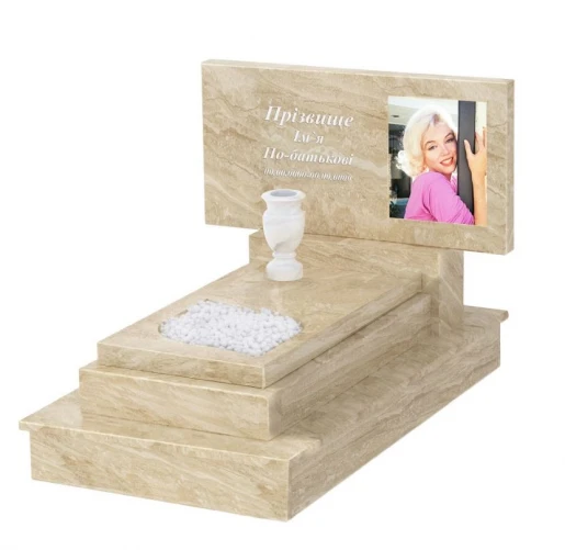 Мармуровий пам'ятник бежевого кольору одинарний з мармуру Дайна з листом різьблена робота к13-dan-pf-40-80-05-001-ck