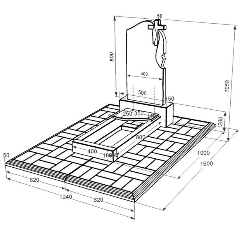 Розміри Гранітний пам'ятник низький одинарний із чорного граніту Коростишів з хвилею різьблений к5-kor-pf-80-40-05-142-r-pbd1