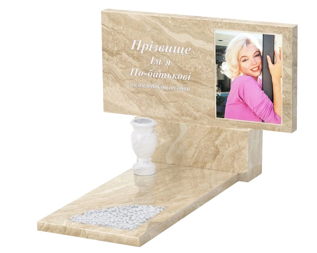 Основное Мраморный памятник высотой 90 см одинарный из мрамора Дайна с вырезанным уголком к9-dan-pf-60-120-08-001