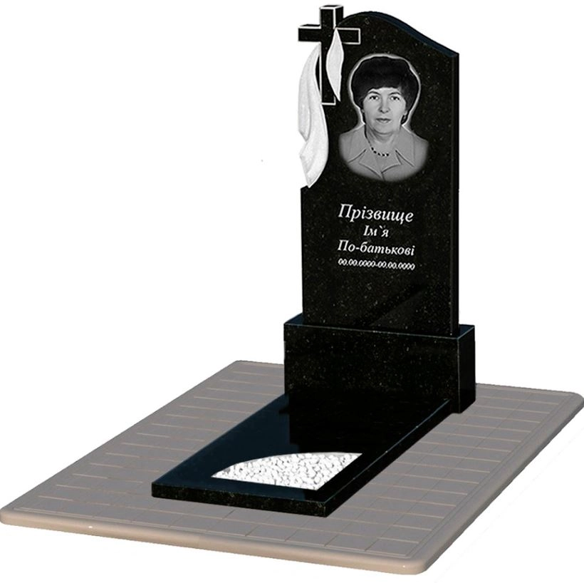 Основне Пам'ятник із граніту з вирізаним куточком одинарний із чорного граніту Коростишів к9-kor-pf-120-60-08-142-pbd3