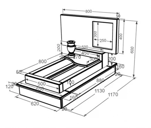 Размеры Мраморный памятник с цветником одинарный из белого мрамора Волокас без резных работ к5-vol-pf-40-80-05-001-ck