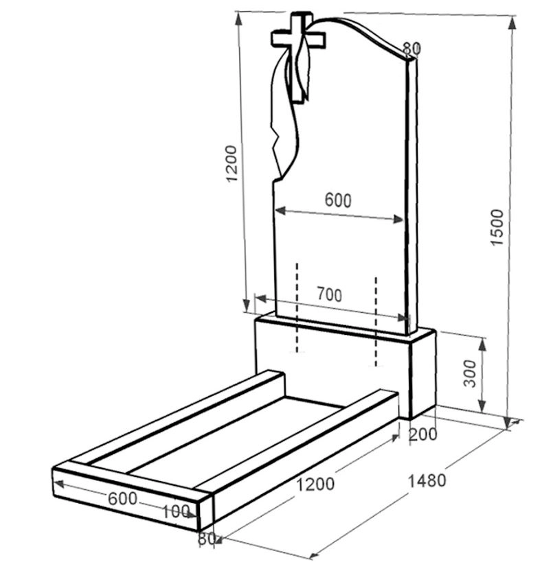Размеры Гранитный памятник с плащаницей и крестом резной одинарный из черного гранита Коростышев к1-kor-pf-120-60-08-142