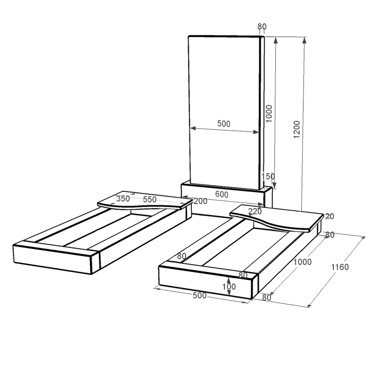 Розміри Гранітний пам'ятник з вертикальним рівнем встановлення стели подвійний із чорного граніту Коростишів з хвилею різьблений к15-kor-npf-100-50-08-001