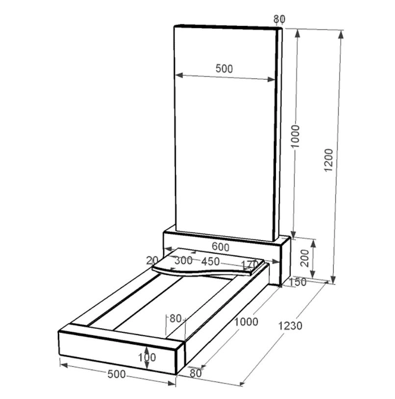 Размеры Гранитный памятник с цветником одинарный из черного гранита Коростышев с волной резной к4-kor-pf-100-50-08-001