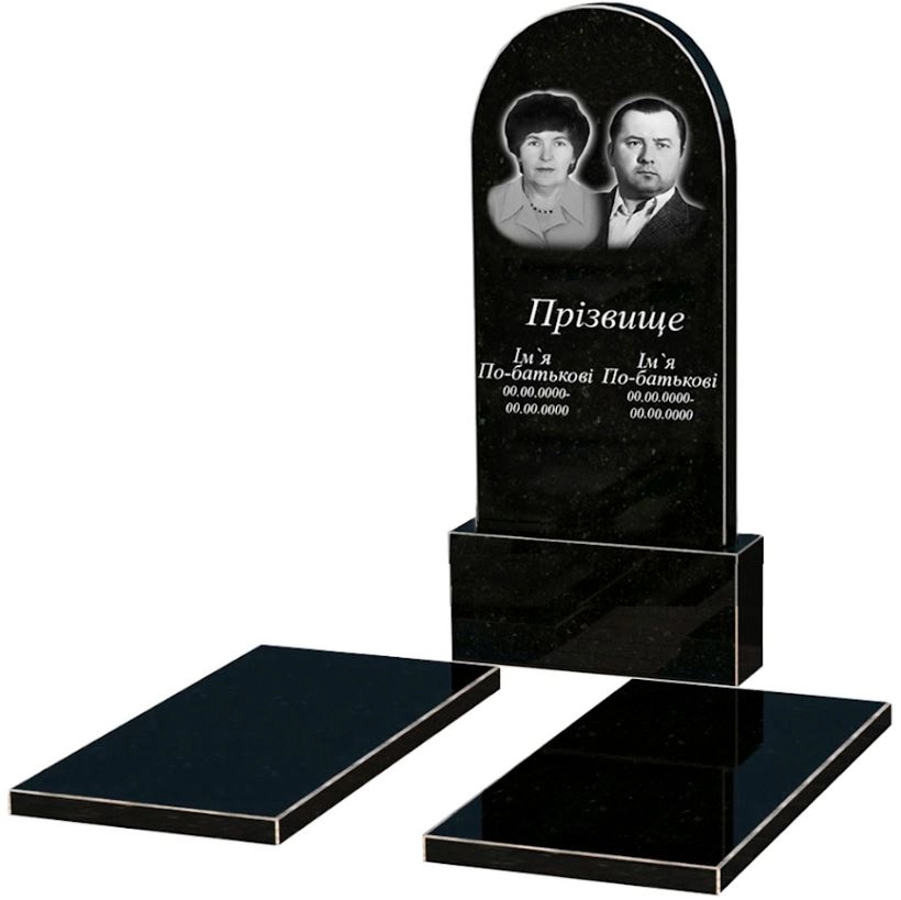 Основное Гранитный памятник семейный двойной из черного гранита Коростышев с полукруглой стелой к17-kor-npf-120-60-08-006