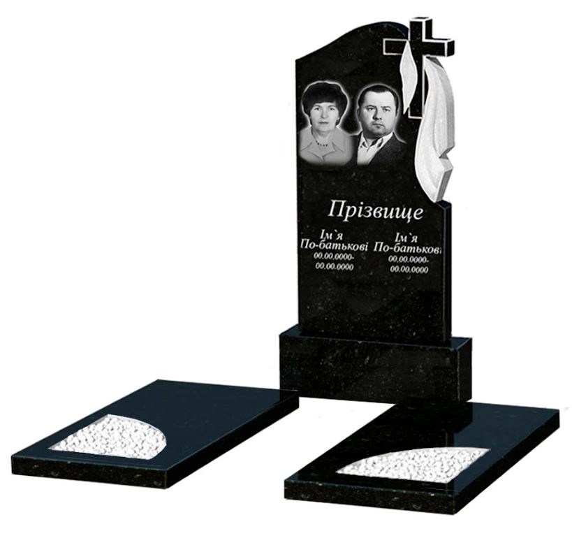 Основное Гранитный памятник с надгробной плитой двойной из черного гранита Коростышев с вырезанным уголком к18-kor-pf-100-50-08-142-r