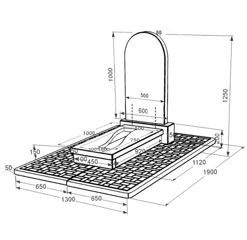 Размеры Гранитное надгробие с вырезанной полосой одинарный из черного гранита Коростышев с полукруглой стелой к23-kor-pf-100-50-08-006-pbd2