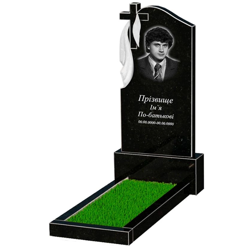 Основне Надгробок із граніту з плащаницею та хрестом різьблений одинарний із чорного граніту Коростишів к1-kor-npf-120-60-08-142