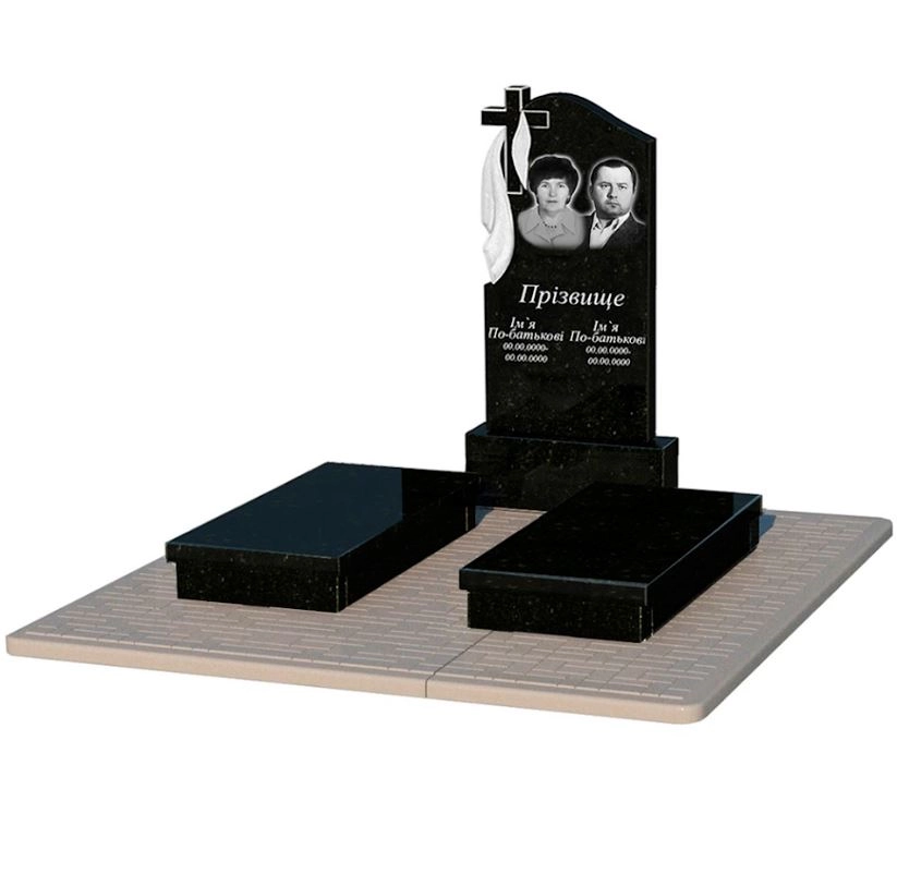 Основне Гранітний пам'ятник з плащаницею різьблений подвійний із чорного граніту Коростишів з хрестом різьблений к19-kor-pf-100-50-08-142-pbd2