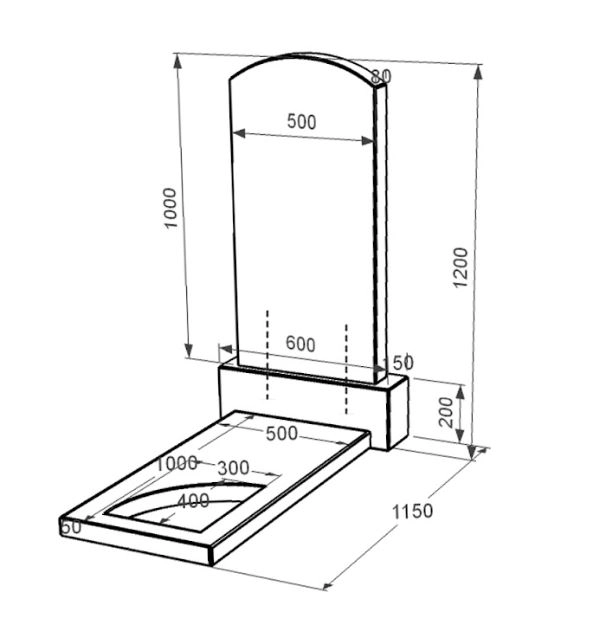 Розміри Пам'ятник із граніту у формі дуги одинарний із чорного граніту Коростишів з вирізаним куточком к9-kor-npf-100-50-08-009