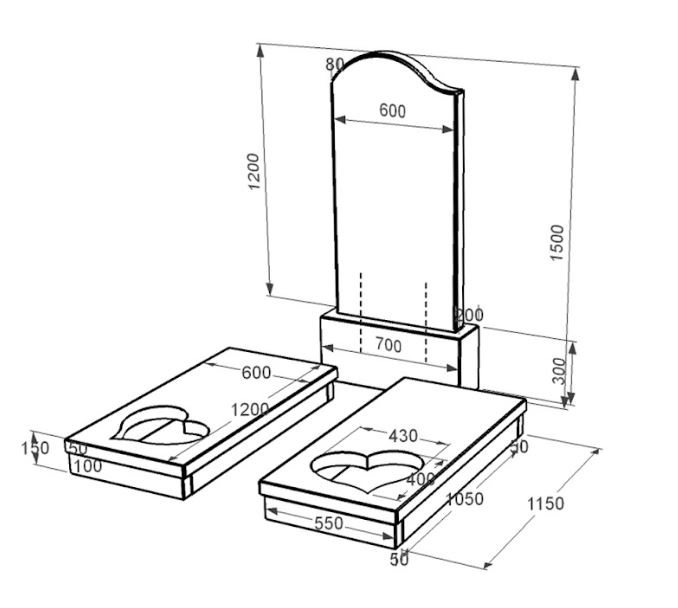 Размеры Гранитный могильный камень с гробницей двойной из черного гранита Коростышев с сердцем резная работа к20-kor-pf-120-60-08-011-l