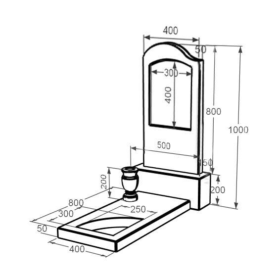 Розміри Мармуровий пам'ятник фігурний одинарний з білого мармуру Волокас з хвилею різьблений з вирізаним куточком к9-vol-pf-80-40-05-011-l