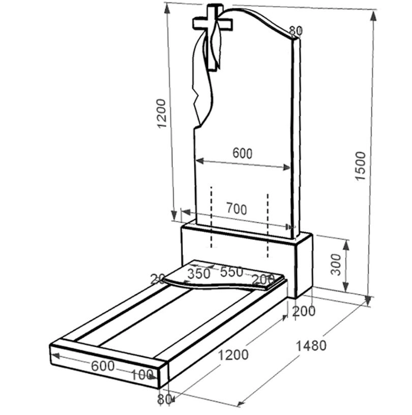 Розміри Надгробок із граніту елітний одинарний із чорного граніту Коростишів з хвилею різьблений к4-kor-npf-120-60-08-142