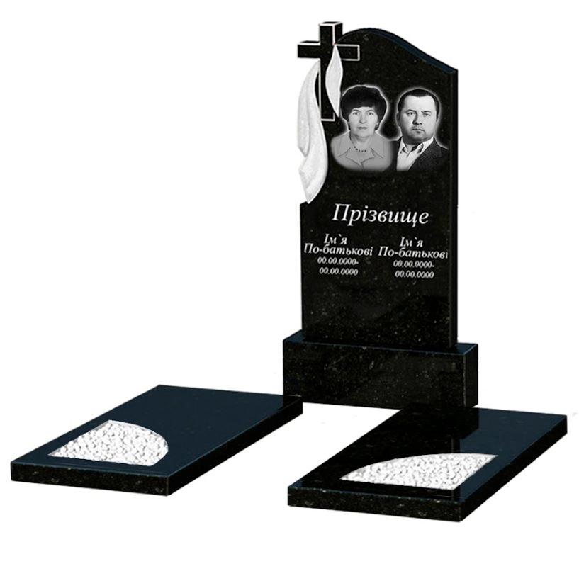 Основное Надгробие из гранита с вырезанным уголком двойной из черного гранита Коростышев к18-kor-pf-100-50-08-142