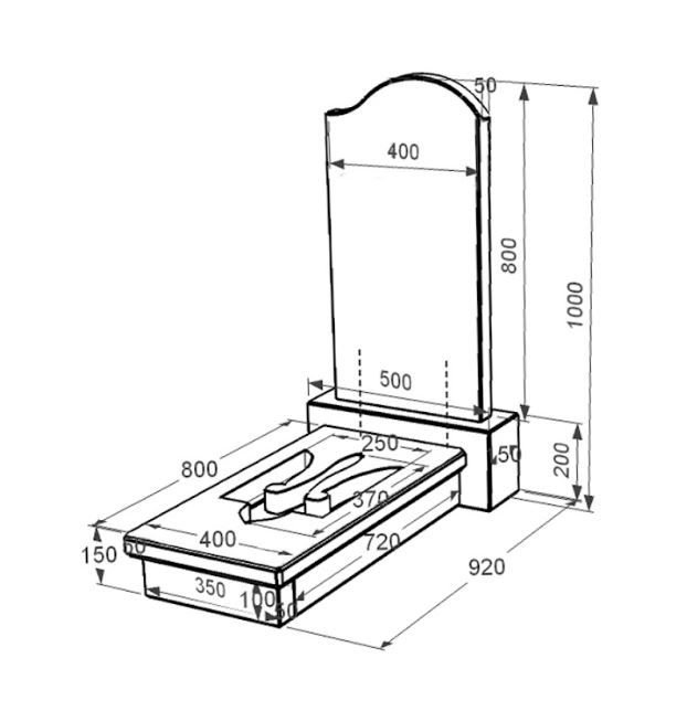 Розміри Гранітний пам'ятник з Тризубом резним одинарний із чорного граніту Коростишів з хвилею різьблений к8-kor-npf-80-40-08-011-r