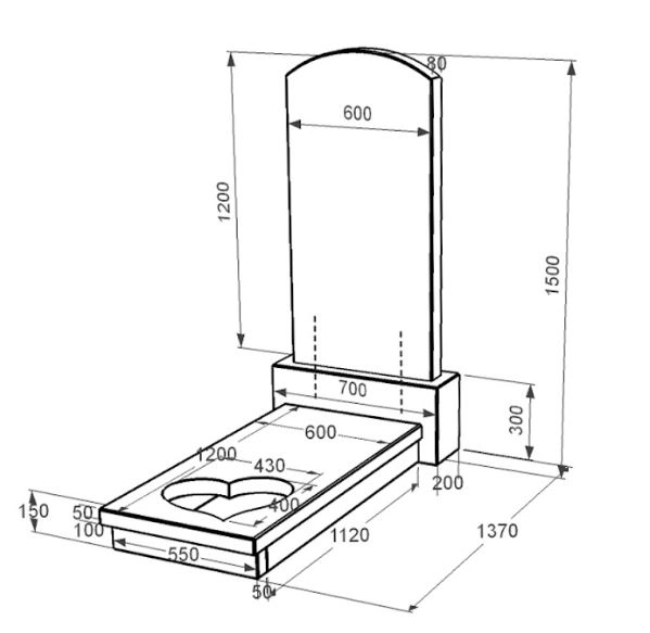 Розміри Пам'ятник на могилу із граніту елітний одинарний із чорного граніту Коростишів з серцем різьблена робота к11-kor-npf-120-60-08-009