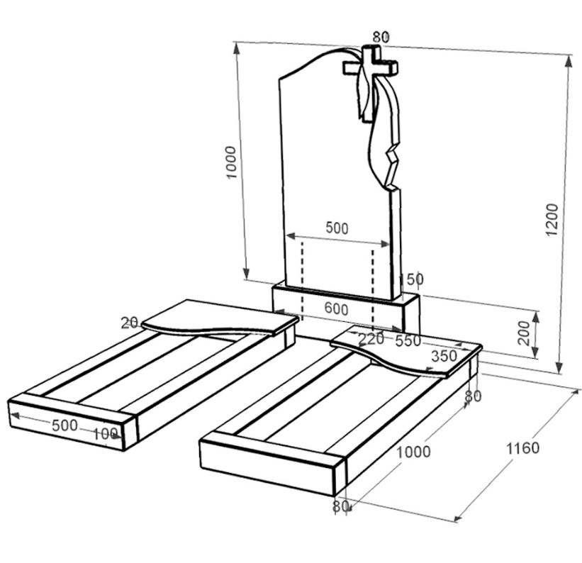 Розміри Подвійний надгробний пам'ятник із граніту із чорного граніту Коростишів з хвилею різьблений к15-kor-npf-100-50-08-142-r