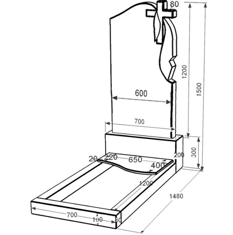 Размеры Гранитный памятник широкого размера одинарный из черного гранита Коростышев с волной резной к5-kor-npf-120-60-08-142-r