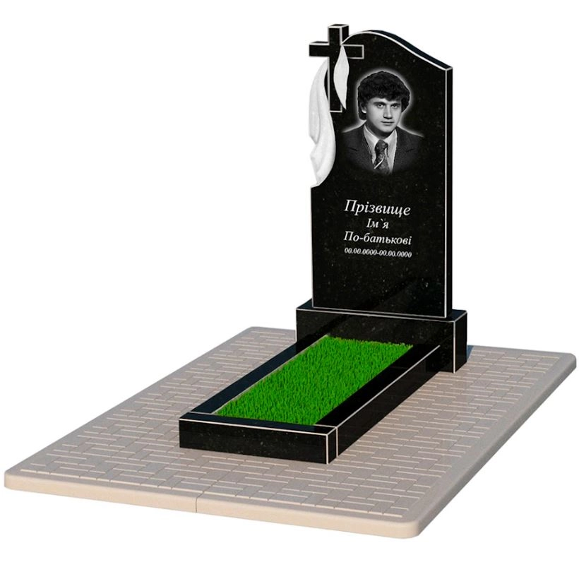 Основне Гранітний пам'ятник юнакам одинарний із чорного граніту Коростишів з хрестом різьблений з плащаницею різьблений к1-kor-npf-100-50-08-142-pbd2