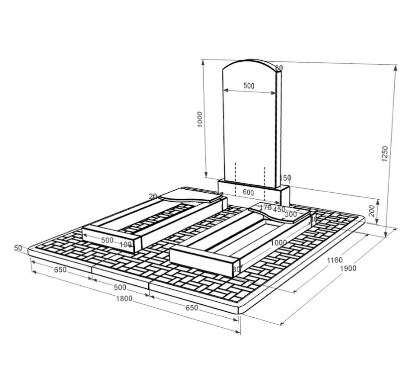 Розміри Пам'ятник із граніту дугоподібний подвійний із чорного граніту Коростишів з хвилею різьблений к16-kor-pf-100-50-08-009-pbd2