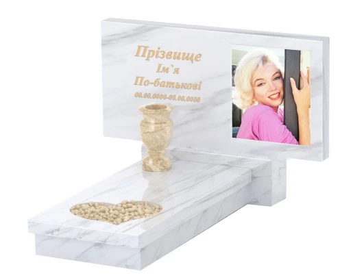 Мармуровий пам'ятник з різнокольоровою галькою одинарний з білого мармуру Волокас з серцем різьблена робота к11-vol-pf-50-100-08-001