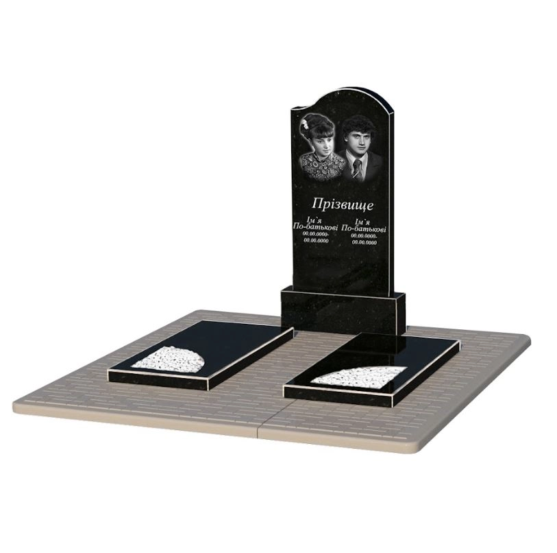 Основне Гранітний пам'ятник з декоруванням білою галькою подвійний із чорного граніту Коростишів з вирізаним куточком к18-kor-npf-100-50-08-011-r-pbd2