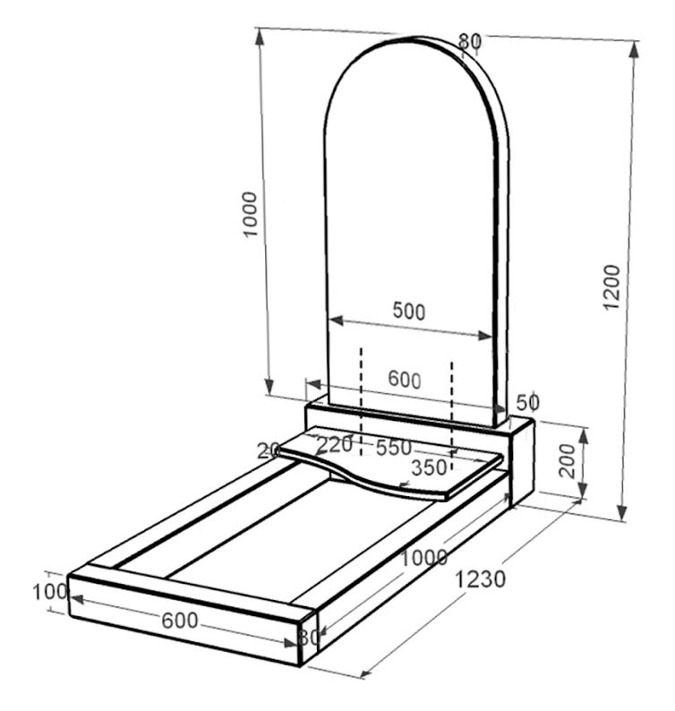 Розміри Гранітна плита на могилу з хвилею різьблений одинарний із чорного граніту Коростишів к5-kor-pf-100-50-08-006