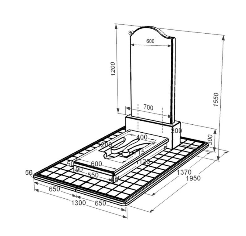 Розміри Гранітний пам'ятник з одним надгробком одинарний із чорного граніту Коростишів з Тризубом вирізаним к8-kor-npf-120-60-08-011-l-pbd3