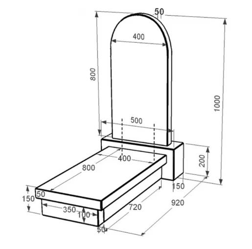 Размеры Гранитная плита на могилу со стелой полукруглой формы одинарный из черного гранита Коростышев к10-kor-pf-80-40-05-006