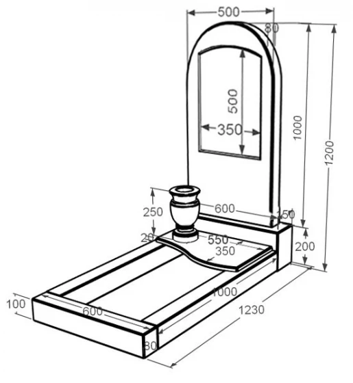 Розміри Мармуровий пам'ятник напівкруглої форми одинарний з мармуру Дайна з полукруглою стелою к5-dan-pf-100-50-08-006