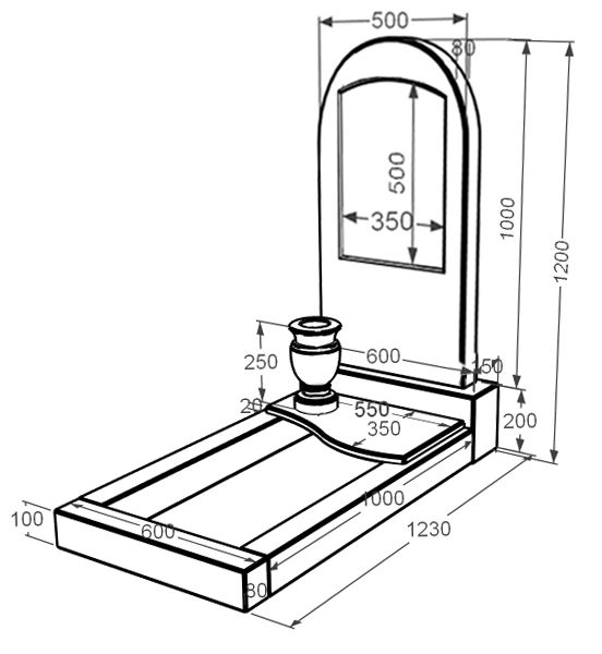 Розміри Мармуровий пам'ятник напівкруглої форми одинарний з мармуру Дайна з полукруглою стелою к5-dan-pf-100-50-08-006