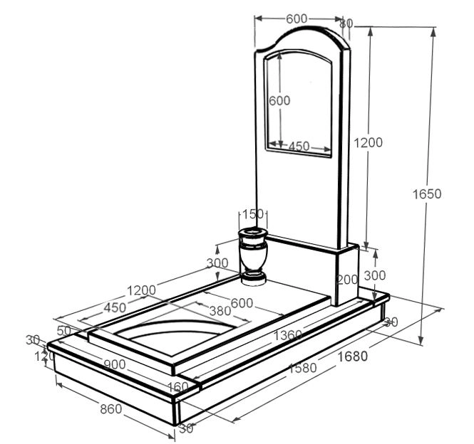 Розміри Пам'ятник із мармуру фігурної форми з мармуру Дайна з вирізаним куточком к9-dan-pf-120-60-08-011-r-ck