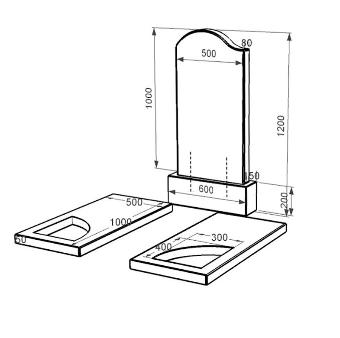 Размеры Памятник из гранита 120 см высотой двойной из черного гранита Коростышев с вырезанным уголком к18-kor-pf-100-50-08-011-l