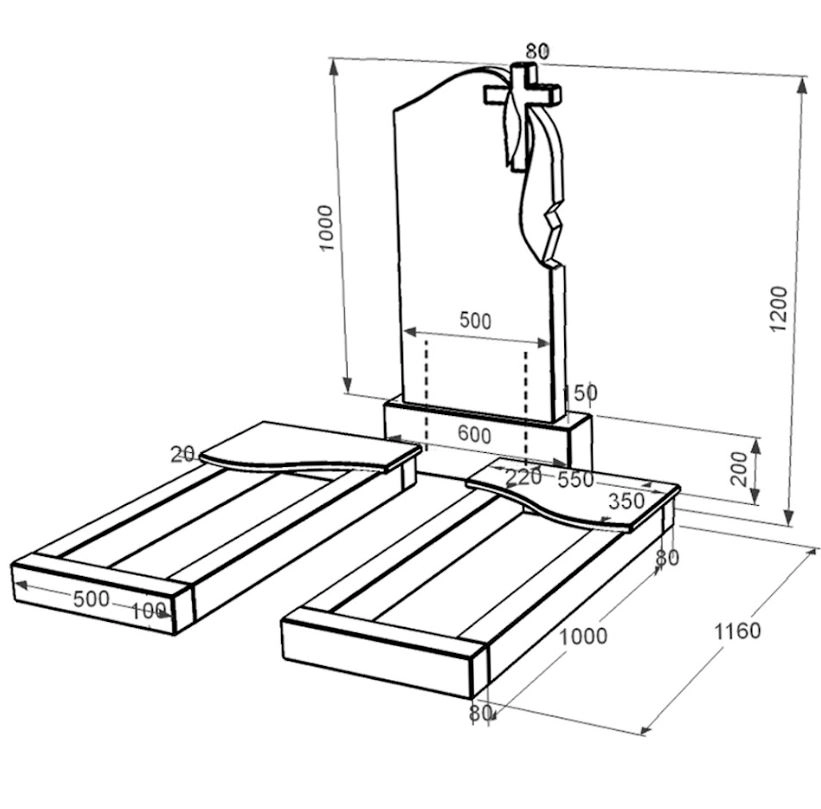 Розміри Гранітний пам'ятник надгробний з полірованими фасками подвійний із чорного граніту Коростишів з хвилею різьблений к15-kor-pf-100-50-08-142-r