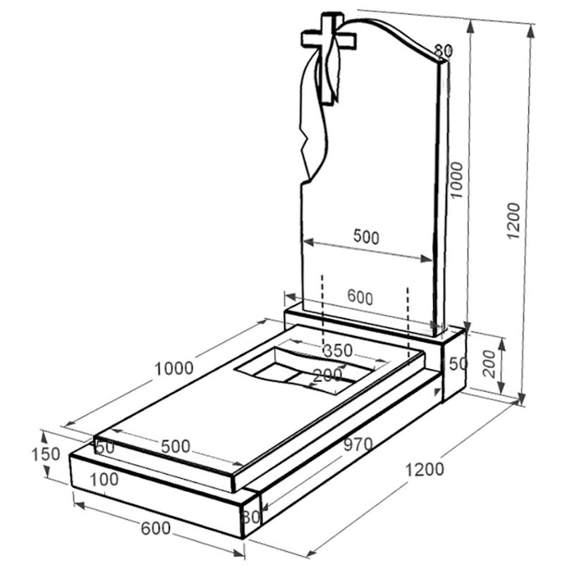 Розміри Гранітний пам'ятник з вирізаним прапором одинарний із чорного граніту Коростишів к6-kor-pf-100-50-08-142
