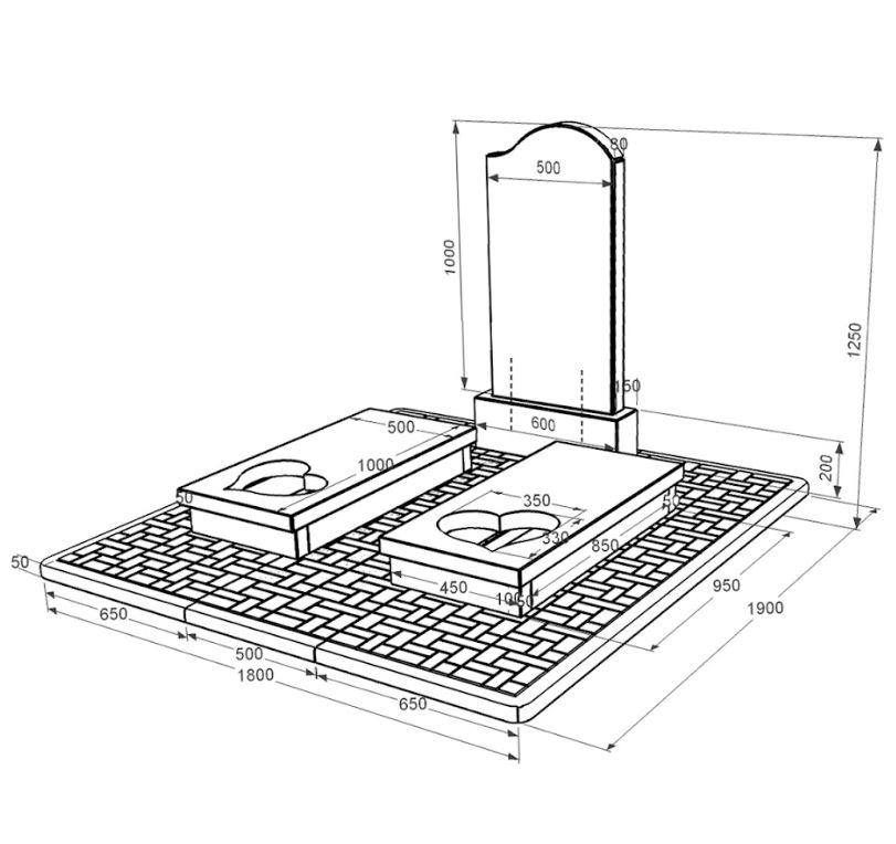 Розміри Гранітний надгробний пам'ятник габро подвійний із чорного граніту Коростишів з серцем різьблена робота к20-kor-pf-100-50-08-011-r-pbd2